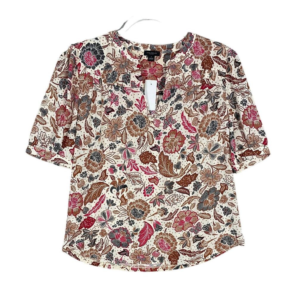 NEW Women's Floral Ann Taylor Casual Button Short Sleeve Ruffle Blouse Top Small